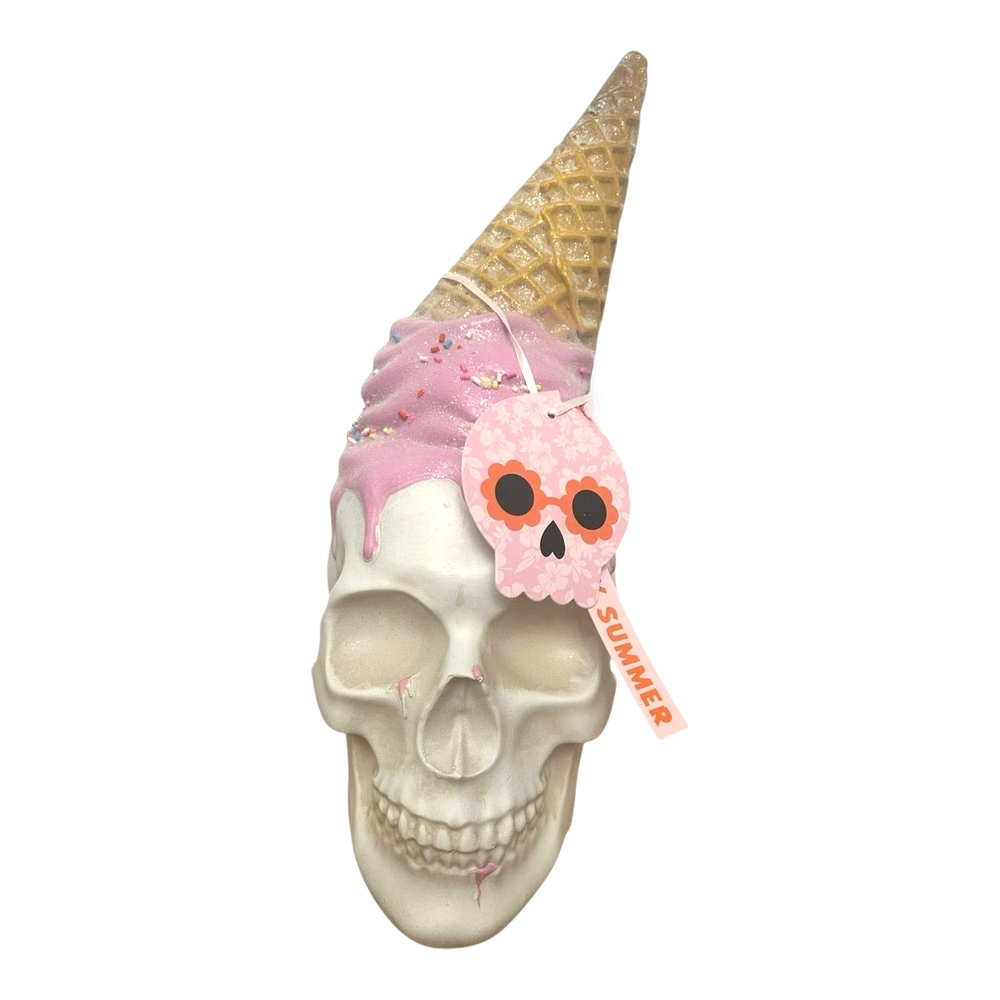 NEW Pink Skull Melted Ice Cream Cone Decor 12 Inch Spooky Cute Summerween Accent
